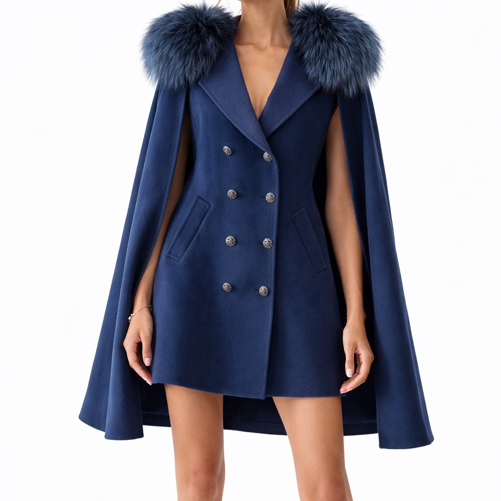 Diomi Wool Cashmere Cape Vest Fox Fur Collar Detachable Blue S